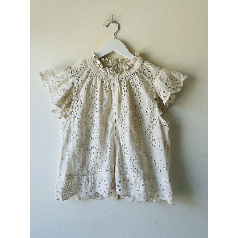 Jennifer & Grace Top Womens Sz M Ivory Eyelet Blouse Flutter Sleeve Elastic Neck